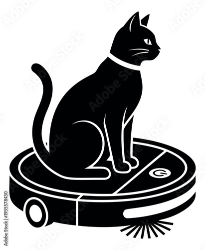 Graphic illustration of a black cat sitting on a robot vacuum cleaner for smart home technology