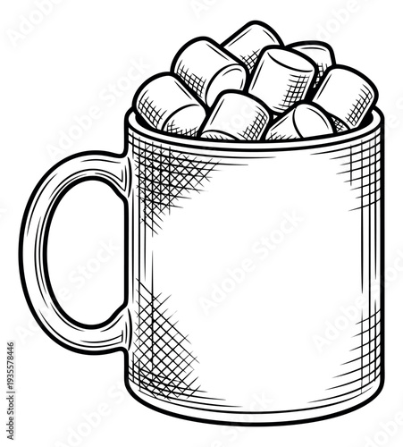 Hand drawn line art illustration of a mug filled with marshmallows depicting a warm sweet beverage for winter holidays and cozy moments
