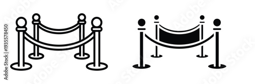 Crowd Control Stanchion Barrier with Rope Icon Set. VIP Entrance Red Carpet Queue Line Vector Illustration for Event, Cinema, and Security Design.