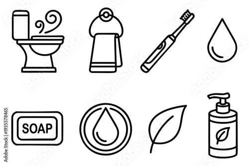 Line art bathroom and hygiene set featuring a toilet, towel, toothbrush, soap, and natural cleanliness elements for personal care