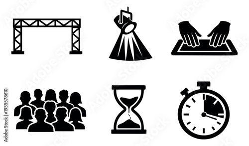 Solid black event and time management icon set featuring a stage truss, spotlight, audience, digital interaction, and time symbols for production planning and scheduling