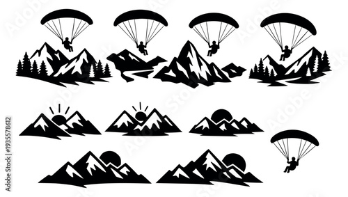 Graphic silhouette mountain and paragliding set featuring paragliders, mountain ranges, and sun for outdoor sports and nature activities