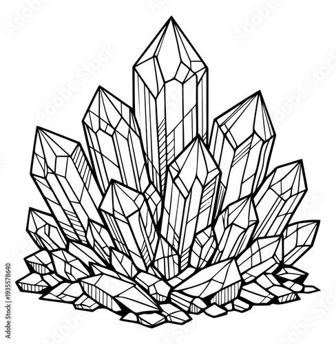 Hand drawn line art illustration of a crystal cluster depicting faceted gemstones for magical designs
