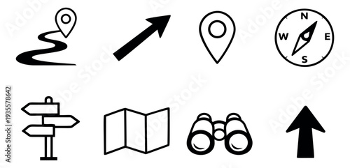 Hand drawn navigation icons set featuring path, location pins, compass, map, binoculars, and arrows for travel and direction