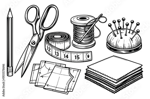 Hand drawn line art sewing tools set featuring scissors, measuring tape, thread spool, pincushion, fabric, and patterns for tailoring and craft design