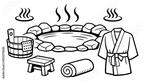 Line art onsen set featuring a hot spring bath, wooden bucket, stool, towel, and robe for relaxation and wellness