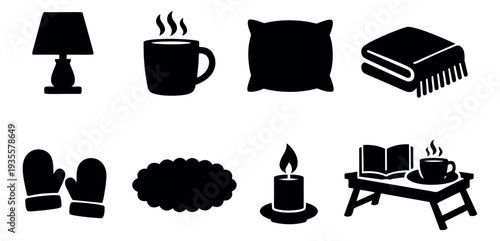 Silhouette icon set featuring winter comfort elements for a cozy home atmosphere