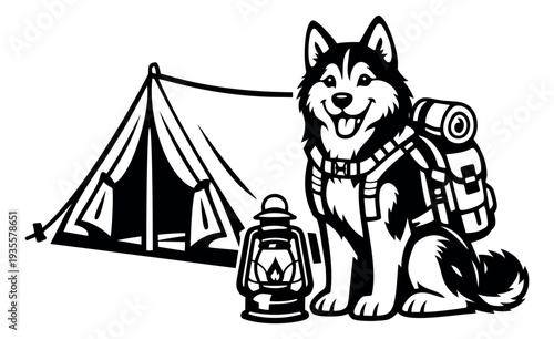Black and white line art illustration of a happy husky dog at a campsite depicting outdoor adventure for travel and nature