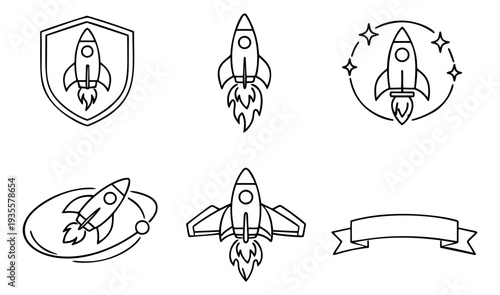 Line art rocket set featuring launching and orbiting rockets, a spaceship, and a blank banner for startup and business concepts