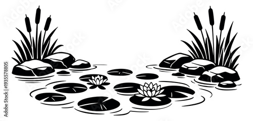 Graphic line art illustration of a pond scene depicting water lilies, lily pads, cattails, and rocks for nature projects