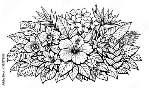 Hand drawn line art illustration of tropical flowers and leaves depicting a lush botanical arrangement for design and decoration