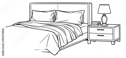 Line art illustration of a bed and nightstand depicting home furniture for bedroom decor concepts