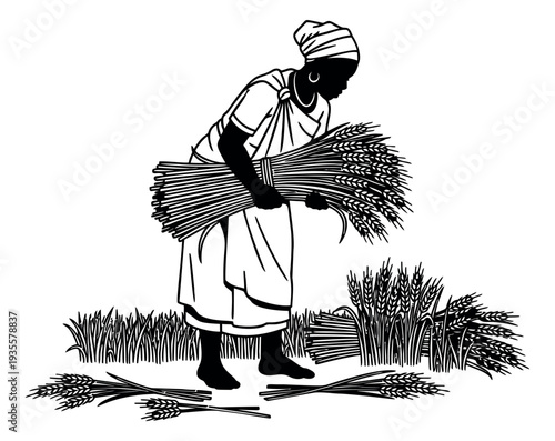 Line art illustration of a woman depicting harvesting wheat for agricultural work