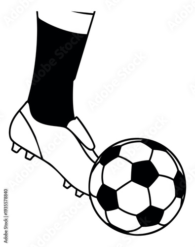Line art illustration of a foot in a soccer boot depicting kicking a ball for sports design
