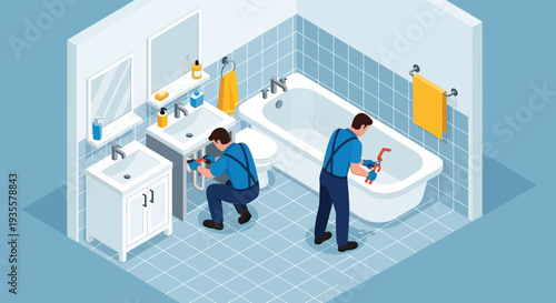 Isometric illustration of two plumbers fixing pipes in a modern bathroom with blue tiles and a clean aesthetic.