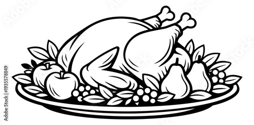 Hand drawn line art thanksgiving dinner set featuring a roasted turkey garnished with fruit and berries for holiday celebration