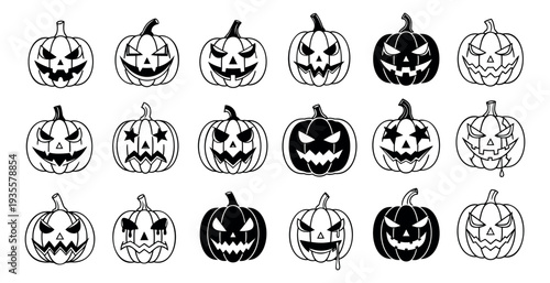 Line art and silhouette jack-o'-lanterns set featuring various spooky facial expressions for halloween celebration