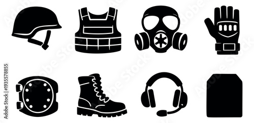 Solid silhouette tactical gear set featuring a helmet, vest, gas mask, glove, kneepad, boot, headset, and armor plate for security and protection