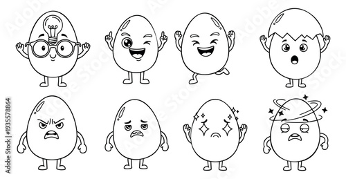 Hand drawn line art egg character set featuring various emotions and situations for expressing feelings
