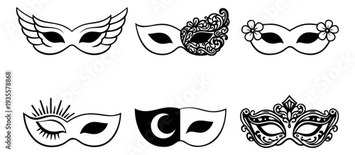 Line art hand drawn masquerade masks set featuring various decorative and elegant designs for carnival and celebrations