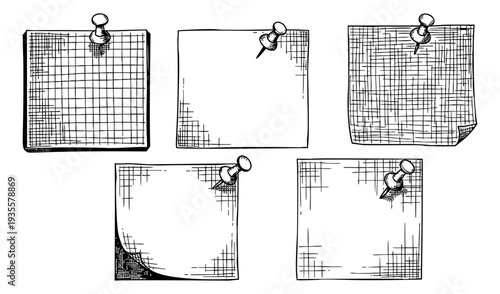 Hand drawn line art sticky notes set featuring blank paper sheets and grid paper attached with pushpins for reminders and messages