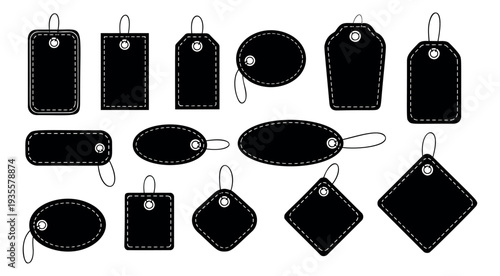 Minimalist price tag set featuring various shapes with dotted stitch lines for retail marketing