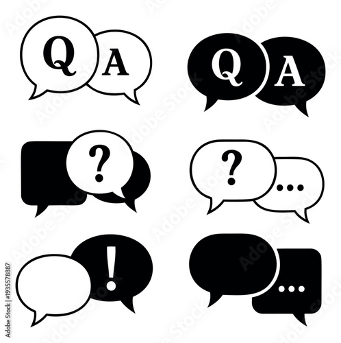 Monochrome graphic speech bubble icon set featuring question and answer, question mark, exclamation mark, and ellipsis symbols for online communication and user interfaces