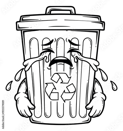Hand drawn line art illustration of a recycling bin depicting sadness for environmental issues