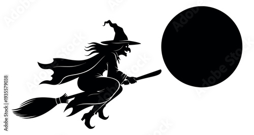 Silhouette illustration of a witch depicting flying on a broomstick with a full moon for Halloween