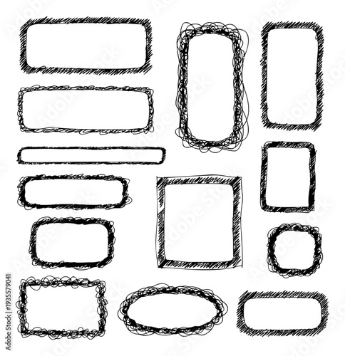 Hand drawn frame set featuring various rectangular and oval borders for notes and messages