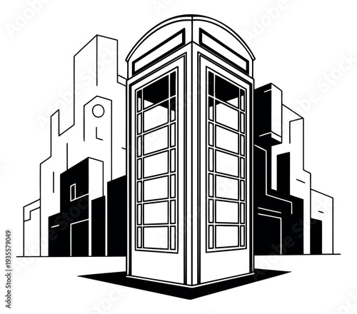 Line art illustration of a phone booth depicting an urban cityscape for city life and communication