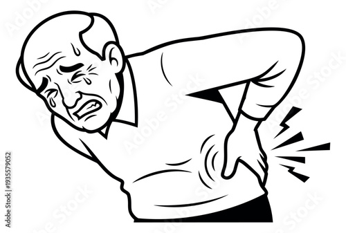 Line art illustration of an elderly man depicting severe lower back pain for medical concepts
