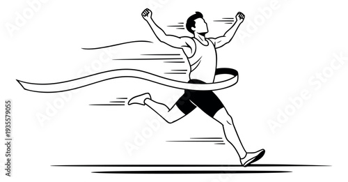 Line art illustration of a runner depicting crossing the finish line in victory for sports achievement