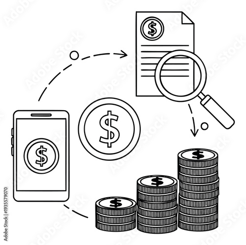 Line art illustration of online finance depicting money tracking and growth for business