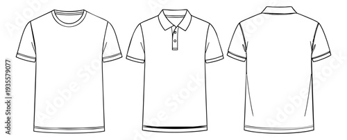 Line art clothing set featuring blank t-shirts and polo shirts for fashion design templates