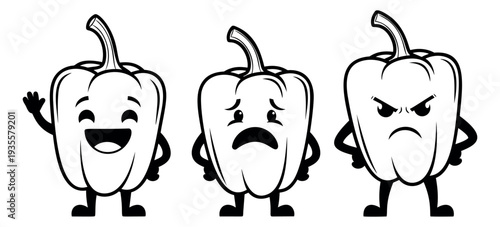 Line art cartoon bell pepper character set featuring happy, sad, and angry expressions for food and emotion concepts