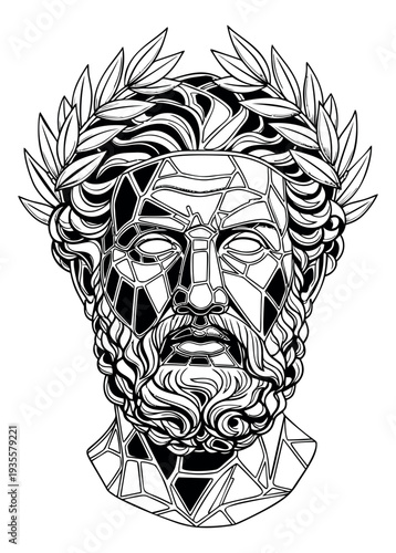 Modern line art illustration of a classical bust depicting a male head with a laurel wreath and geometric pattern for design projects