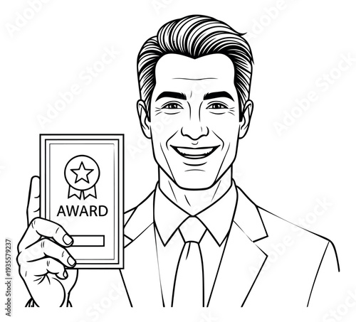 Pop art style illustration of a happy businessman depicting holding an award certificate for business success