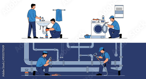 Illustration of technicians repairing household appliances and industrial pipes in a detailed graphic