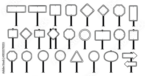 Line art blank road sign set featuring various empty sign shapes for design elements