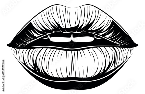 Graphic line art illustration of female lips depicting a sensual expression for beauty and fashion