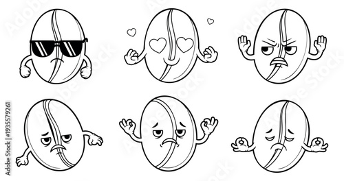 Line art cartoon coffee bean character set featuring different facial expressions for beverage branding