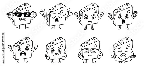 Hand drawn cartoon cheese character emoji set featuring a range of facial expressions and emotions for food-related designs and social media