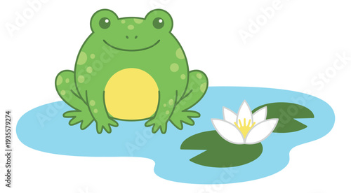 Cute cartoon illustration of a frog depicting sitting on a lily pad with a water lily for children's design