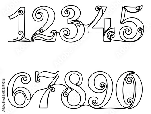 Hand drawn continuous line art numbers set featuring decorative zero to nine digits for education and design