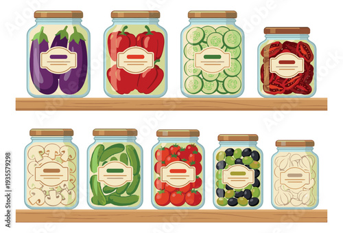Flat design preserved food jars set featuring a variety of vegetables and olives for home canning and food storage