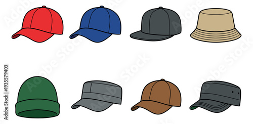 Hand drawn line art hats set featuring baseball caps, beanies, bucket hats, and military caps for fashion and apparel