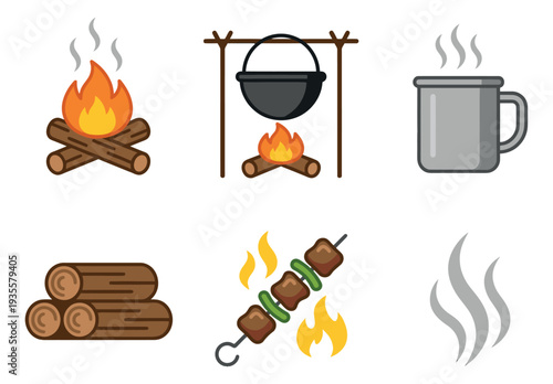 Flat design clip art camping and outdoor cooking set featuring campfires, cooking pot, hot beverage mug, logs, shish kebab, and smoke for outdoor activities and recreation