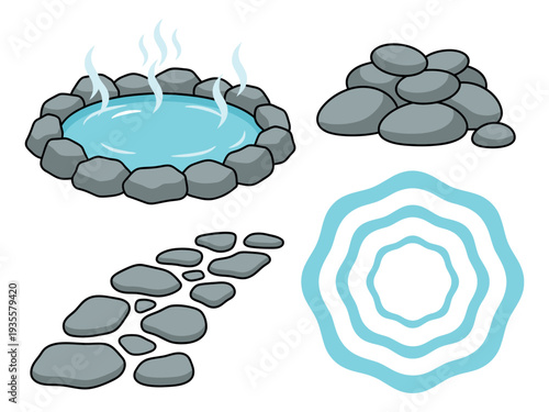 Hand drawn landscape elements set featuring a hot spring, rock pile, stone path, and ripple pattern for outdoor design