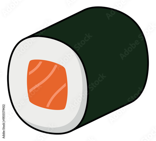 Modern line art illustration of a sushi roll depicting a single salmon maki piece for japanese food menus